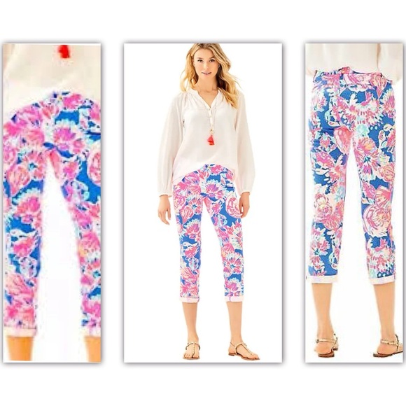 Lilly Pulitzer Sadie Bennet Blue Day Dreamin Crop Chino Stretch Tropical Pants00 - Picture 1 of 13
